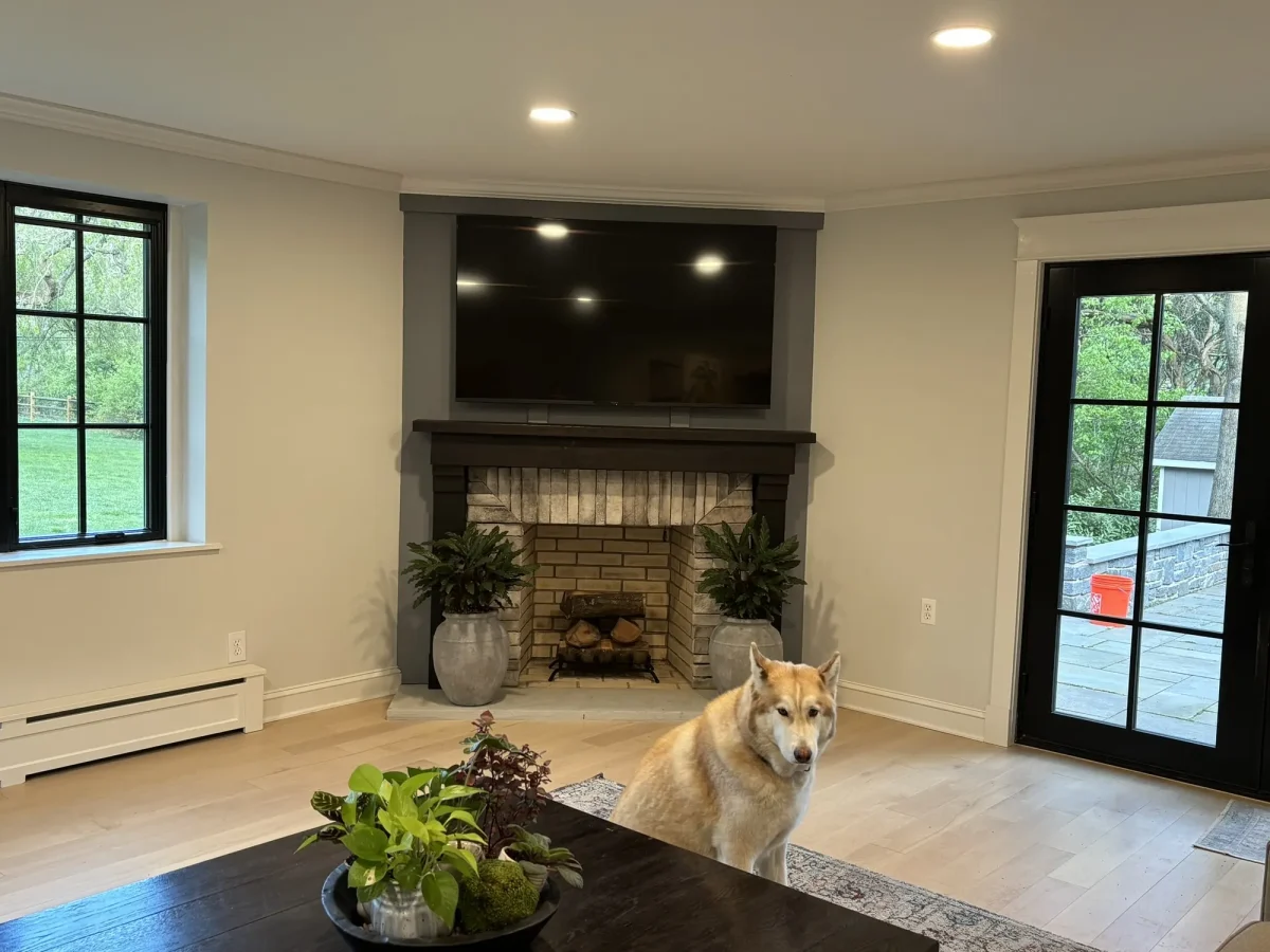 Painted brick fireplace with a recessed television above, flanked by a black-framed door and window.